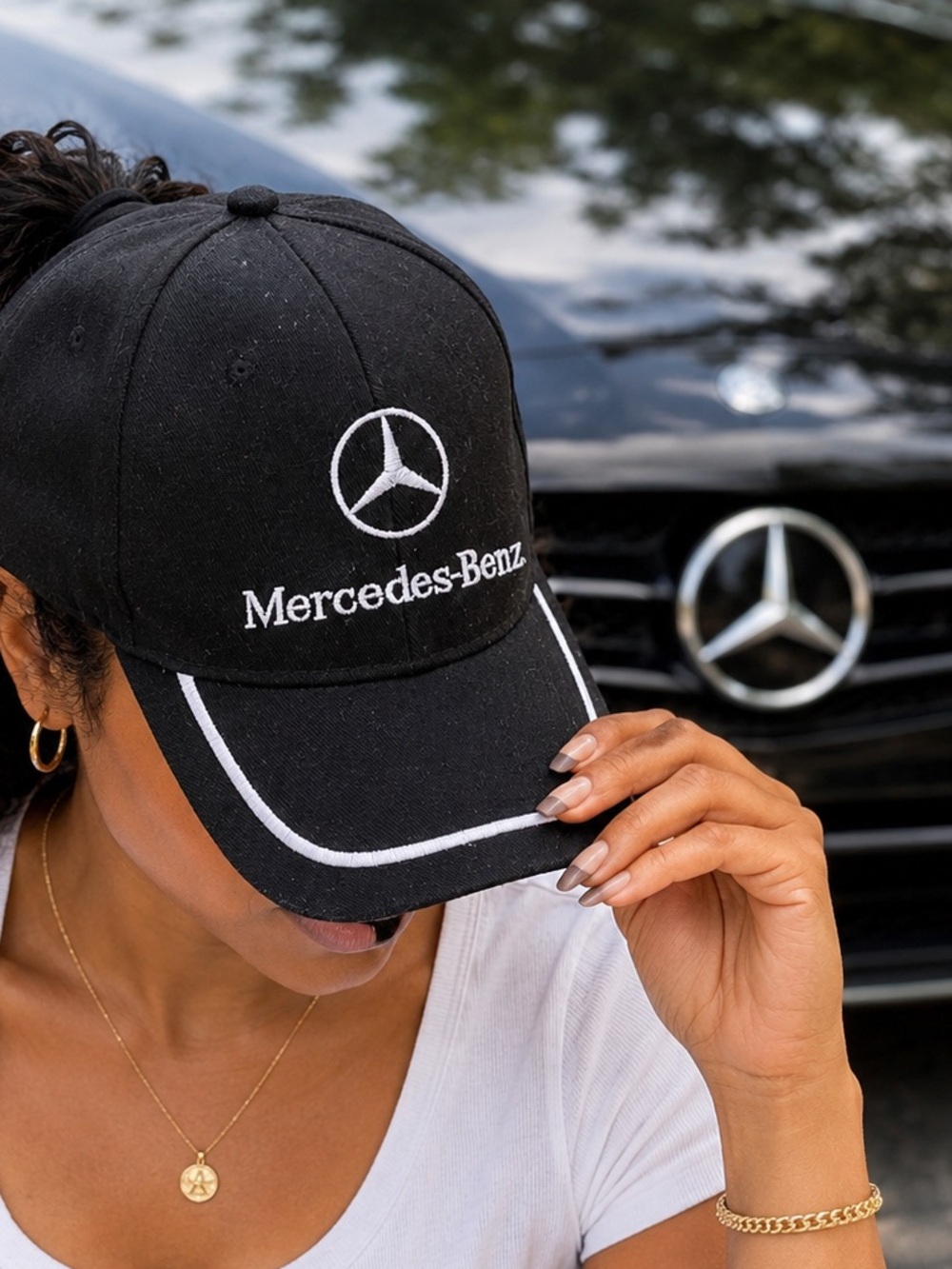 Mercedes-Benz Black Baseball Cap White Embroidered Logo Adjustable Hat